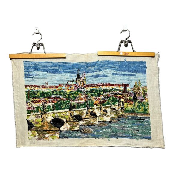 VTG Needlepoint Charles Bridge Prague Canal Village European Embroidery 18”x28” - Picture 12 of 16